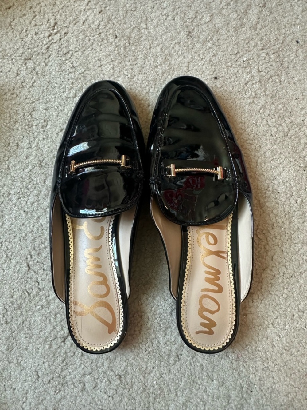 Sam Edelman Black Patent Leather Mule Loafers with Gold Accent